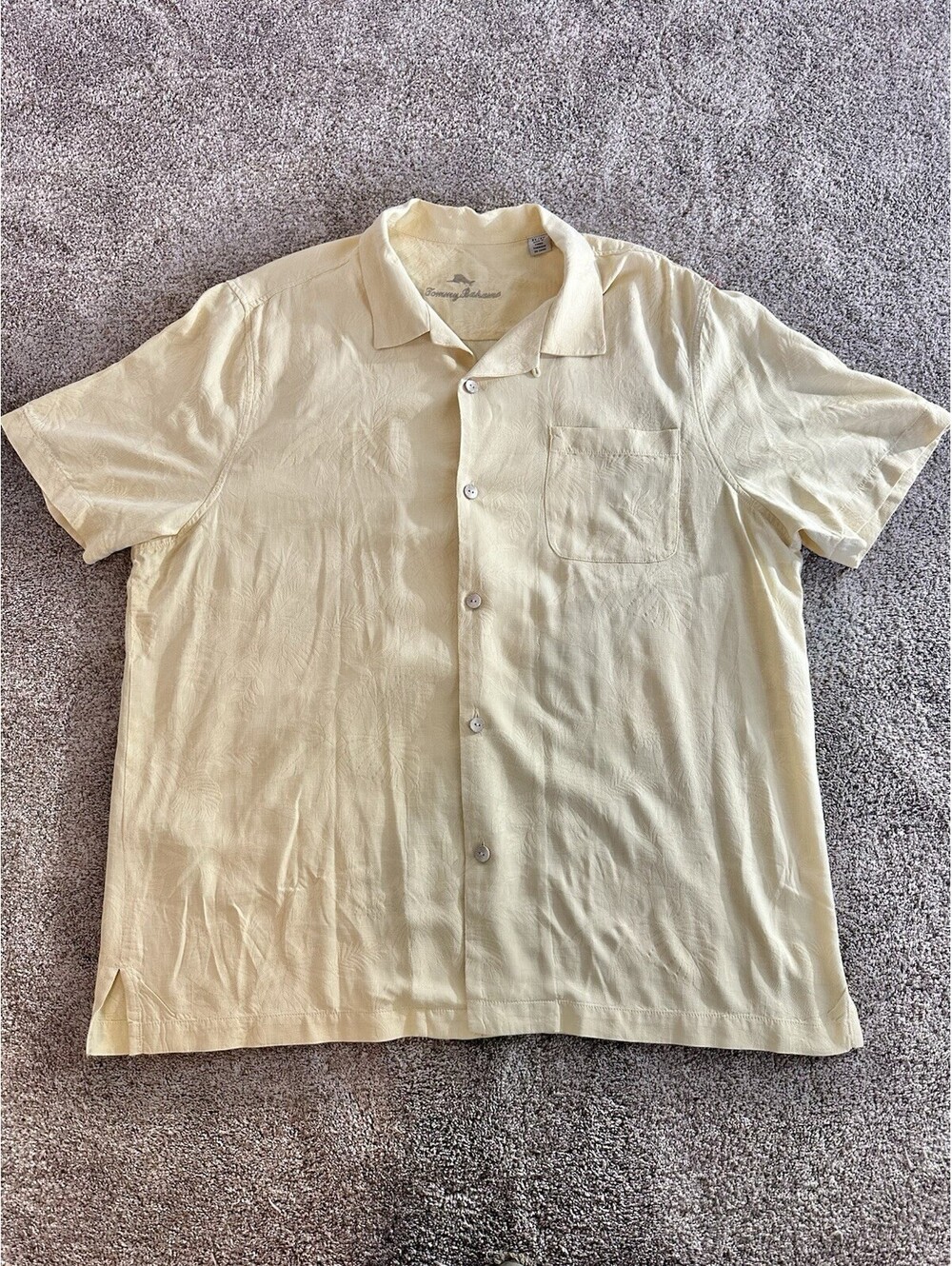 Tommy Bahama Shirt Mens XL Yellow 100% Silk Texture Short Sleeve Casual Hawaiian